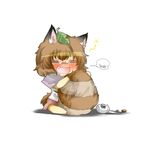  =_= alcohol animal_ears bad_id bad_pixiv_id between_legs blush bottle brown_hair brown_skirt chibi closed_eyes drooling fang futatsuiwa_mamizou glasses heavy_breathing leaf leaf_on_head medium_skirt open_mouth pince-nez raccoon_ears raccoon_tail rebecca_(keinelove) sake sake_bottle shirt short_hair sitting skirt solo spilling tail tail_between_legs tail_hug tanuki touhou wavy_mouth 