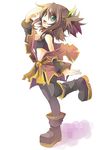  :d black_legwear boots brown_hair detached_sleeves fruit_punch full_body green_eyes hair_ornament hairpin happy knee_boots midriff nan_(tales) open_mouth pantyhose shoes short_hair side_ponytail smile solo spandex standing standing_on_one_leg tales_of_(series) tales_of_vesperia 