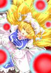  archienemy arm_garter blonde_hair breasts danmaku fox_tail from_above hands_in_opposite_sleeves hat large_breasts long_sleeves looking_up multiple_tails open_mouth short_hair solo tail touhou yakumo_ran yellow_eyes 