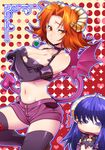  bad_id bad_pixiv_id black_legwear blue_eyes blue_hair breast_hold breasts cleavage cleavage_cutout copyright_request crossed_arms demon_girl demon_tail demon_wings elbow_gloves gloves horns large_breasts legs midriff multiple_girls navel orange_eyes orange_hair short_hair shorts tail thighhighs thighs uroko_(265) wings 