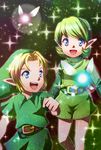  1girl :d azumi_(tks-sd) belt blonde_hair blue_eyes fairy green_hair link long_sleeves navi open_mouth pointy_ears saria shorts smile sparkle the_legend_of_zelda the_legend_of_zelda:_ocarina_of_time tunic turtleneck young_link 