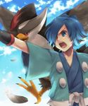  artist_request bird blue_eyes blue_hair feather feathers gym_leader hayato_(pokemon) male male_focus pokemon screaming short_hair staraptor 