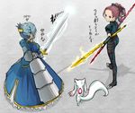  alternate_hairstyle armor armored_dress artoria_pendragon_(all) blue_eyes blue_hair bow cosplay creator_connection crossover dress dual_wielding excalibur fate/zero fate_(series) gae_buidhe gae_dearg gauntlets hair_bow hair_up highres holding kyubey lance lancer_(fate/zero) lancer_(fate/zero)_(cosplay) long_hair magical_girl mahou_shoujo_madoka_magica miki_sayaka multiple_girls parody polearm ponytail red_eyes red_hair saber saber_(cosplay) sakura_kyouko spear sword tera_l translation_request urobuchi_gen weapon weapon_connection 