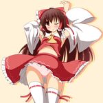  armpits blush bow brown_eyes brown_hair frilled_skirt frills hair_bow hair_ribbon hair_tubes hakurei_reimu highres liya medium_skirt midriff one_eye_closed panties pantyshot pink_panties print_skirt red_skirt ribbon skirt skirt_set solo thighhighs touhou underwear white_legwear 