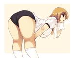  ass bent_over breasts breath brown_eyes brown_hair buruma curvy gym_uniform hand_on_own_knee kneepits large_breasts shiraishi_ayuna short_hair socks solo sweat sweatdrop thick_thighs thighs towel trefoil white_legwear xration zero_in 