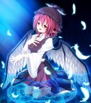  animal_ears belt blue_background blush earrings feathers ginzake_(mizuumi) hand_on_own_chest hat jewelry kneeling magic_circle music mystia_lorelei open_mouth outstretched_hand pink_hair short_hair singing solo touhou water wings yellow_eyes 