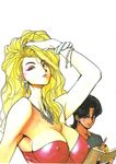  90s bare_shoulders black_hair blonde_hair bracelet breasts cleavage earrings egawa_tatsuya erect_nipples eyeshadow fingerless_gloves gloves golden_boy jewelry large_breasts lipstick long_hair madame_president makeup necklace oldschool 