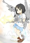  aqua_skirt armored_core black_eyes black_hair dual_wielding firing gun highres holding mecha_musume miniskirt muzzle_flash necktie nichijou open_mouth pleated_skirt school_uniform shinonome_nano shoes short_hair skirt solo tokisadame_school_uniform weapon white_legwear winding_key xenon_(kona-card) 