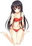  bandeau bangs bare_legs bare_shoulders barefoot bikini black_hair blush boku_wa_tomodachi_ga_sukunai breasts cleavage collarbone full_body hair_ribbon kazunari_(kazyar) long_hair long_legs medium_breasts mikazuki_yozora navel parted_lips purple_eyes red_bikini ribbon simple_background sitting solo strapless strapless_bikini strapless_swimsuit swimsuit thigh_gap very_long_hair wariza white_background 