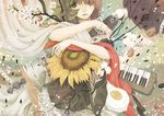  bad_id bad_pixiv_id book branch brown_eyes brown_hair candy egg flower food fruit hair_over_one_eye instrument keyboard_(instrument) onohana original ribbon scarf solo strawberry sunflower tape_measure water 