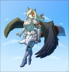 2011 armor black black_nose boots braids facial_markings feathers female fluffy_tail flying gloves hair lips long_hair looking_at_viewer markings nazuu-m0nster orange plate plate_armor red_eyes sky solo tail white white_hair wings 