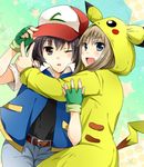  :d bad_id bad_pixiv_id belt black_hair blonde_hair blue_eyes cosplay costume denim fingerless_gloves funami_yui gen_1_pokemon gloves hat hug jeans multiple_girls one_eye_closed open_mouth pants pikachu pikachu_(cosplay) pokemon pokemon_(anime) pokemon_(classic_anime) sao_(0060) satoshi_(pokemon) satoshi_(pokemon)_(cosplay) smile tail toshinou_kyouko v yuru_yuri 
