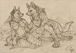  african_wild_dog canine clothed clothing couple dog eye_contact feather female hyena kikivuli loincloth looking_at_each_other male mammal monochrome necklace piercing qzurr romantic savannah skimpy striped_hyena tribal utunu 