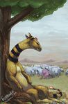  field flaaffy gen_2_pokemon grass guardianofire long_neck mareep no_humans outdoors pokemon pokemon_(creature) realistic scenery sheep signature tree under_tree watermark web_address 