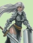  1girl armor dark_skin female konnyaku_(kk-monmon) long_hair original red_eyes shield solo sword weapon white_hair 