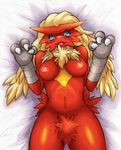  ?? bed blaziken blue_eyes blush breasts chest_tuft claws ebifly female fur looking_at_viewer lying midriff navel nintendo nipples nude on_back pok&#233;mon pok&#233;morph pok&eacute;mon pok&eacute;morph solo tuft video_games 