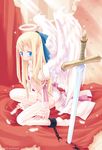  angel b.tarou blonde_hair blue_eyes blush bow chain copyright_request cuffs hair_bow halo light_rays long_hair ribbon shackles solo source_request sunbeam sunlight sword thighhighs weapon wings 