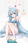  :o armpits barefoot blue_bra blue_eyes blue_hair blush bra breasts cleavage denpa_onna_to_seishun_otoko feet letta lingerie long_hair off_shoulder small_breasts soles solo sparkle strap_slip touwa_erio ufo underwear very_long_hair 