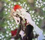  1girl aerialsoul belt blue_eyes brown_hair coat couple fingerless_gloves flower flower_bed from_above gloves green_eyes hetero long_hair luke_fon_fabre lying midriff on_side one_eye_closed pants red_hair red_legwear smile tales_of_(series) tales_of_the_abyss tear_grants thighhighs 