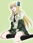  1girl blonde_hair blue_eyes blush boku_wa_tomodachi_ga_sukunai breasts female footwear kashiwazaki_sena kenji_t1710 large_breasts long_hair necktie school_uniform skirt socks solo taguchi_kenji 