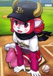  baseball baseball_(ball) baseball_base baseball_cap baseball_uniform blush bovine buffalo_bell clothing emma-201 female grass hair hat horn horns looking_at_viewer lying mammal mascot red_eyes red_hair scarf shirt shoes skirt smile solo young 