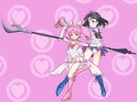  back_bow bell bishoujo_senshi_sailor_moon black_hair blue_footwear boots bow chibi_usa choker crystal_carillon elbow_gloves glaive gloves heart heart_choker highres holding holding_spear holding_weapon k@non knee_boots long_hair magical_girl microskirt multicolored multicolored_clothes multicolored_skirt multiple_girls pink_background pink_footwear pink_hair pink_sailor_collar pleated_skirt polearm purple_eyes purple_sailor_collar purple_skirt red_eyes sailor_chibi_moon sailor_collar sailor_saturn sailor_senshi sailor_senshi_uniform short_hair silence_glaive skirt spear star star_choker striped striped_skirt super_sailor_chibi_moon tiara tomoe_hotaru twintails upskirt weapon white_gloves 