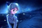  animal_ears backlighting beach cat_ears fireflies from_behind green_eyes hino_katsuhiko light_particles looking_back military military_uniform moon mountain night ocean sanya_v_litvyak shore short_hair silver_hair solo strike_witches uniform water world_witches_series 