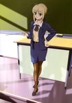  absurdres ahoge artoria_pendragon_(all) belt blonde_hair chalkboard classroom_eraser desk fate/stay_night fate_(series) formal green_eyes hand_on_hip high_heels highres jacket medium_skirt pantyhose pencil_skirt saber scan shoes skirt skirt_suit solo standing suit suzuki_hirofumi teacher 