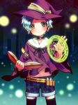  black_legwear blue_hair blush book choker copyright_request earrings green_eyes hat holster jewelry looking_at_viewer magic_circle male_focus navel nohko shorts smile solo thighhighs witch witch_hat 