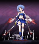  ankle_boots bleeding blood blood_on_face bloody_clothes blue_eyes blue_hair boots cape cuts dual_wielding field_of_blades gengorou gloves highres holding injury magical_girl mahou_shoujo_madoka_magica miki_sayaka oktavia_von_seckendorff planted_sword planted_weapon purple_background short_hair soul_gem sword tears thighhighs torn_clothes weapon 