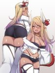  1girl ass bangs bare_shoulders black_panties blonde_hair blush breasts collarbone commentary_request dark_skin draph elbow_gloves eyebrows_visible_through_hair fang fur_trim gloves granblue_fantasy hair_between_eyes highleg highleg_panties highres horns jewelry kuvira_(granblue_fantasy) large_breasts long_hair looking_at_viewer navel necklace open_mouth panties pointy_ears short_shorts shorts simple_background skindentation smile solo spicy_moo thighhighs underwear white_legwear 
