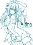  altina_(shining_blade) arm_up character_name copyright_name elbow_gloves gloves highres lineart long_hair looking_at_viewer monochrome pointy_ears revealing_clothes shining_(series) shining_blade simple_background sketch solo white_background yoshimura_kentaro 