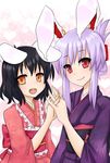  animal_ears black_hair bunny_ears highres holding_hands inaba_tewi interlocked_fingers japanese_clothes kimono multiple_girls purple_hair red_eyes reisen_udongein_inaba touhou yami_nabe 