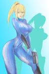  blonde_hair blue_eyes bodysuit breasts erect_nipples female furubokko gun highres large_breasts long_hair metroid ponytail samus_aran solo weapon zero_suit 