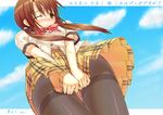  blush brown_eyes brown_hair cloud covering covering_crotch hiramatsu_taeko kore_wa_zombie_desu_ka? long_hair pantyhose school_uniform sky solo twintails wink 