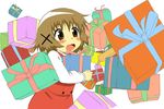  blush brown_eyes brown_hair gift hair_ornament hairpin hidamari_sketch highres kiyukiyutan open_mouth present school_uniform serafuku short_hair simple_background yuno 