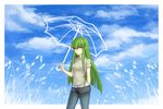  belt c.c. cc cloud clouds code_geass female green_hair long_hair pants shirt sky solo soul4444 umbrella yellow_eyes 
