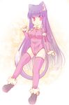  :&lt; animal_ears bad_id bad_pixiv_id bell cat_ears cat_tail chiri_(tiri0401) crescent crescent_hair_ornament detached_sleeves hair_ornament jingle_bell kemonomimi_mode leotard long_hair no_hat no_headwear patchouli_knowledge pink_leotard purple purple_eyes purple_hair solo tail thighhighs touhou very_long_hair 