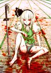  barefoot black_hairband blood blood_on_face blood_splatter bow dress_shirt feet hair_bow hairband konpaku_youmu no_pants panties red_eyes ringed_eyes shirt shisen sitting solo sword tatami toes touhou underwear vest weapon 