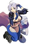  1girl :p ahoge angel_(kof) blue_eyes breasts cape fingerless_gloves gloves homare_(fool's_art) jacket jpeg_artifacts k9999 large_breasts legs silver_hair the_king_of_fighters thighs tongue tongue_out 