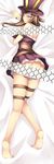  absurdres arm_garter ass barefoot bed_sheet black_skirt blue_eyes blush breasts brown_hair caitlyn_(league_of_legends) censored dakimakura dean full_body hat highres league_of_legends long_hair lying medium_breasts miniskirt on_stomach panties panty_pull pleated_skirt skirt solo striped striped_panties thigh_strap top_hat underwear 