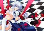  bad_id bad_pixiv_id blue_skirt braid breasts checkered checkered_floor dress_shirt flower frilled_skirt frills izayoi_sakuya large_breasts leg_up legs lying maid maid_headdress medium_skirt navel on_back panties petals red_flower red_rose rose shireikuzyo shirt short_hair silver_hair skirt solo thighhighs thighs touhou twin_braids underboob underwear white_legwear white_panties 