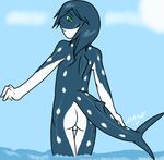  blue_hair butt cloud clouds daniruu fish gills girly green_eyes hair hybrid looking_back male marine nude shark solo spots sun tail water whale_shark 