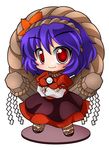  black_skirt blush chibi crossed_arms faux_figurine hair_ornament jewelry long_skirt mirror necklace pillar purple_hair red_eyes rope shimenawa shinjitsu shirt short_hair simple_background skirt smile solo touhou white_background yasaka_kanako 