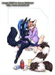  ace_(kacey) anthro anubian_jackal blue_hair breasts canine clothed clothing duo feline female food hair interspecies jackal kacey kristania lesbian mammal misty_(kacey) nipples pregnant ringtail romantic sitting skimpy topless 