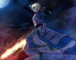  ahoge armor artoria_pendragon_(all) blonde_hair blue_eyes fate/stay_night fate_(series) flaming_sword full_moon gauntlets hair_ribbon moon night profile ribbon saber solo standing sword tera_l weapon 