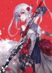  1girl bangs blood blue_eyes breasts cleavage commentary_request dress floating flower gauntlets gloves hair_flower hair_ornament highres holding holding_polearm holding_weapon long_hair looking_at_viewer medium_breasts parted_lips petals ponytail princess rose silver_hair simple_background sinoalice snow_white_(sinoalice) solo vardan weapon white_dress 