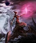  armor black_sun cloud cloudy_sky highres horns magic:_the_gathering monster_girl mountain open_mouth pauldrons saliva sheoldred_whispering_one sky solo sun tongue un 