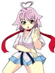  ahoge aino_heart arcana_heart bad_id bad_pixiv_id choker cosplay dougi fighting_stance heart_ahoge makoto_(street_fighter) makoto_(street_fighter)_(cosplay) pink_hair ribbon_choker short_hair skirt solo street_fighter toufuu very_short_hair white_background 