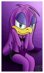  beak bikini bird black_clothing blue_eyeliner blue_eyes breasts cleavage clothed clothing cloudedfuture female half-closed_eyes purple purple_background purple_body sega sitting skimpy solo sonic_(series) sonic_riders swallow_(bird) swimsuit tight_clothing wave_the_swallow 